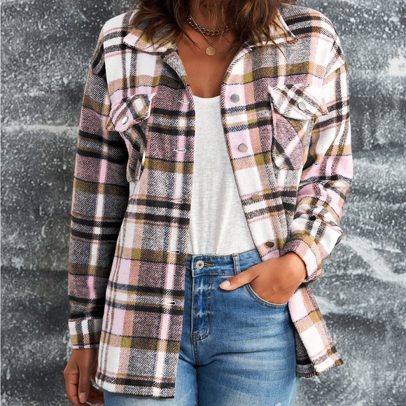 PLAID BUTTON FRONT SHIRT JACKET BREAST POCKETS - Picture 1 of 4